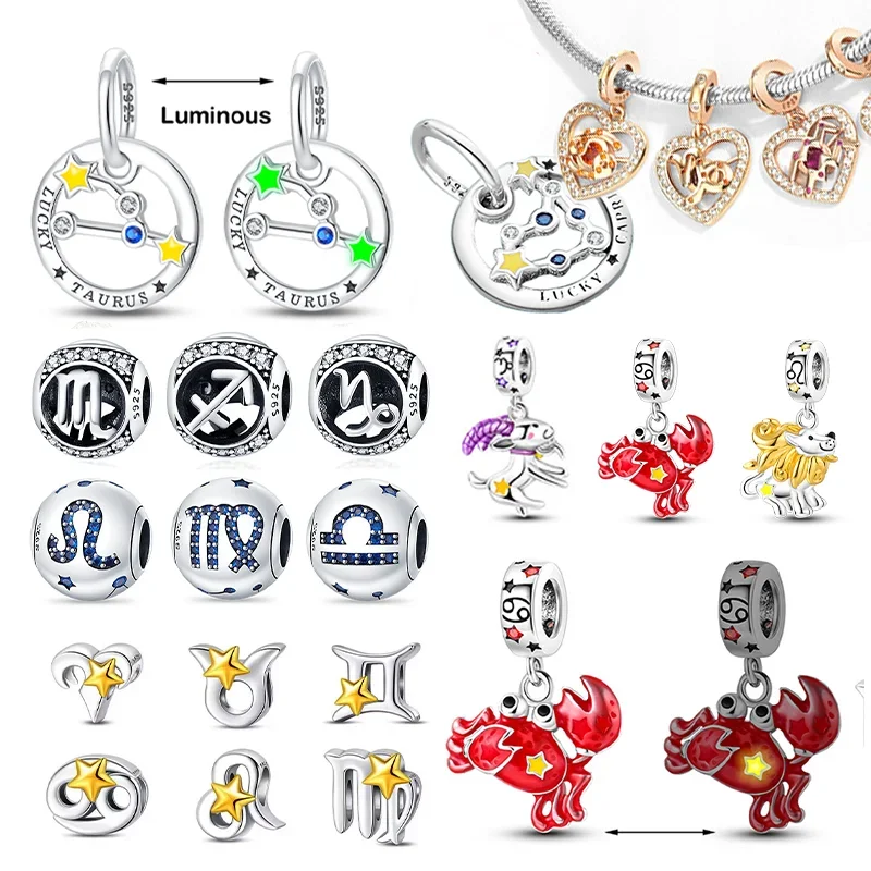 

Silver S925 Twelve Constellations Series Luminous Charms Star Bead Fit Original Bracelet DIY Fine Jewelry for Women Gift