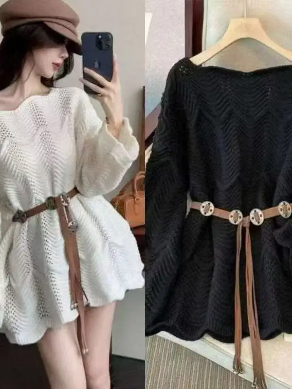 

Новый женский модный вязаный свитер больших размеров с длинными рукавами, поясом на талии, однотонный, для весны и осени, стройнящий, для повседневной носки