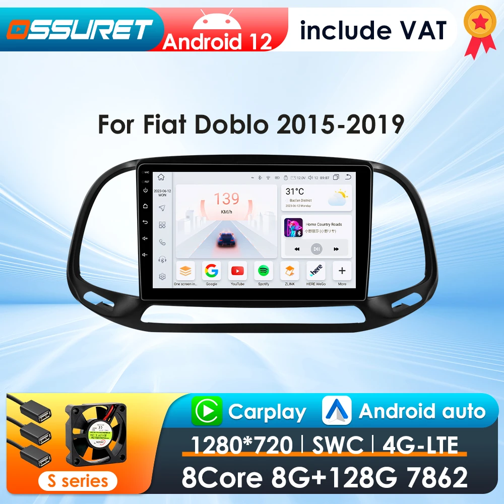 2Din 360Camera Android13 Car Radio For Fiat Doblo 2015 - 2019 Car Multimedia GPS Carplay Intelligent Screen autoradio SWC DSP