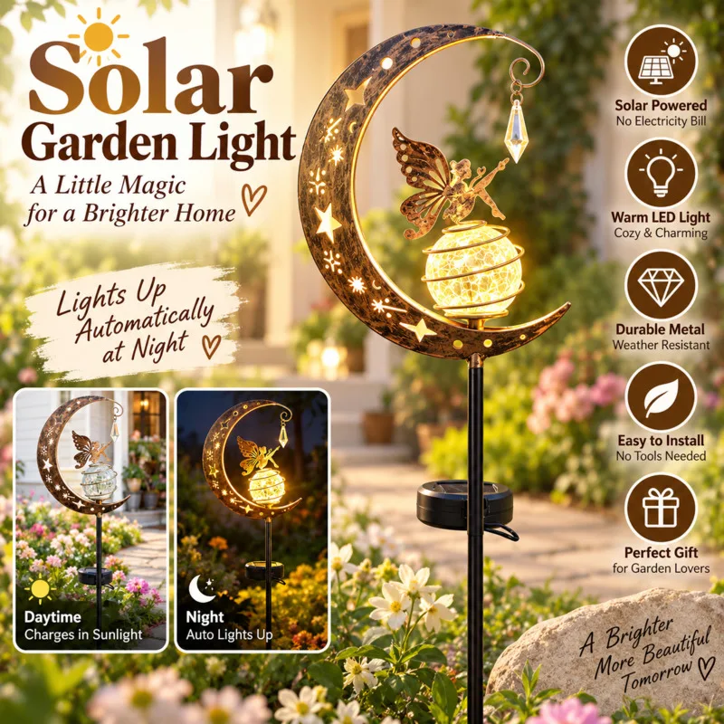 Moon Shaped Metal Solar Garden Stake Lamp, Waterproof LED Cracked Glass Globe Light Yard Patio Home Holiday Decoration Gift