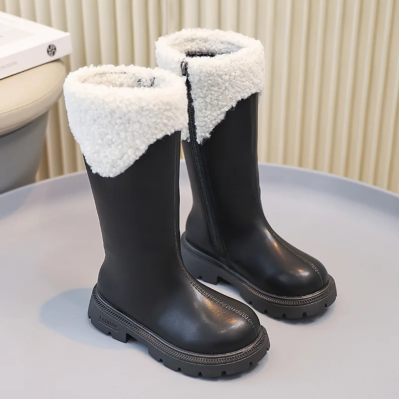 Picture 3: Girls Side Zipper Waterproof Riding Boots 2026 Fall Winter New Faux Fur Lined Princess Boots for Kids Non-Slip Warm Long Boots
