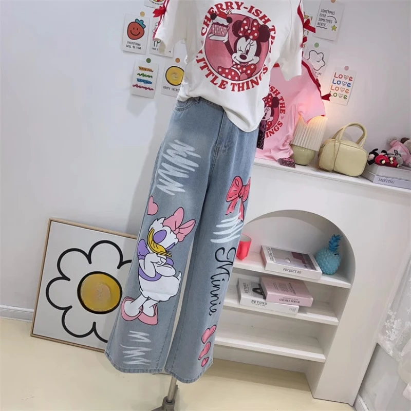 Korean Style 2024 Summer New Loose And Cute Cartoon Printed Wide Leg Jeans Women's Light Blue Long Casual Zipper Denim Trousers