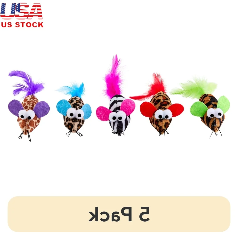 

5 Pack Cat Toy Feather Mice Assorted Colors Lightweight Catnip Scented Nocturnal Play Toy Easy Toss Bat Safari Print