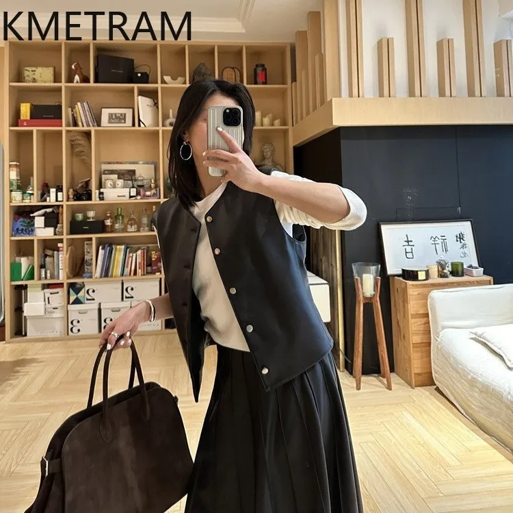 KMETRAM Real Sheepskin Vest Women O-Neck Casual Waistcoat Autumn Sleeveless Genuine Leather Jacket Woman Clothing 2026 jaqueta