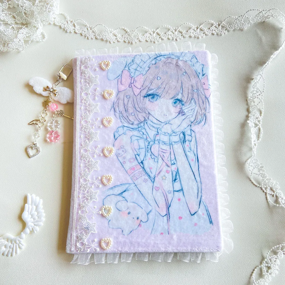 Notebook Kawaii A5 Plush Journal Hardcover for Soft Girl 96 Pages Lace Handmade Diary with Charm School Stationary Supplies