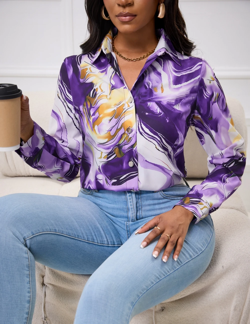 

Женская блузка с фиолетовым мраморным принтом, длинным рукавом, на пуговицах, с отложным воротником, повседневная, весна-лето, для офиса, свободного кроя, рубашка-топ