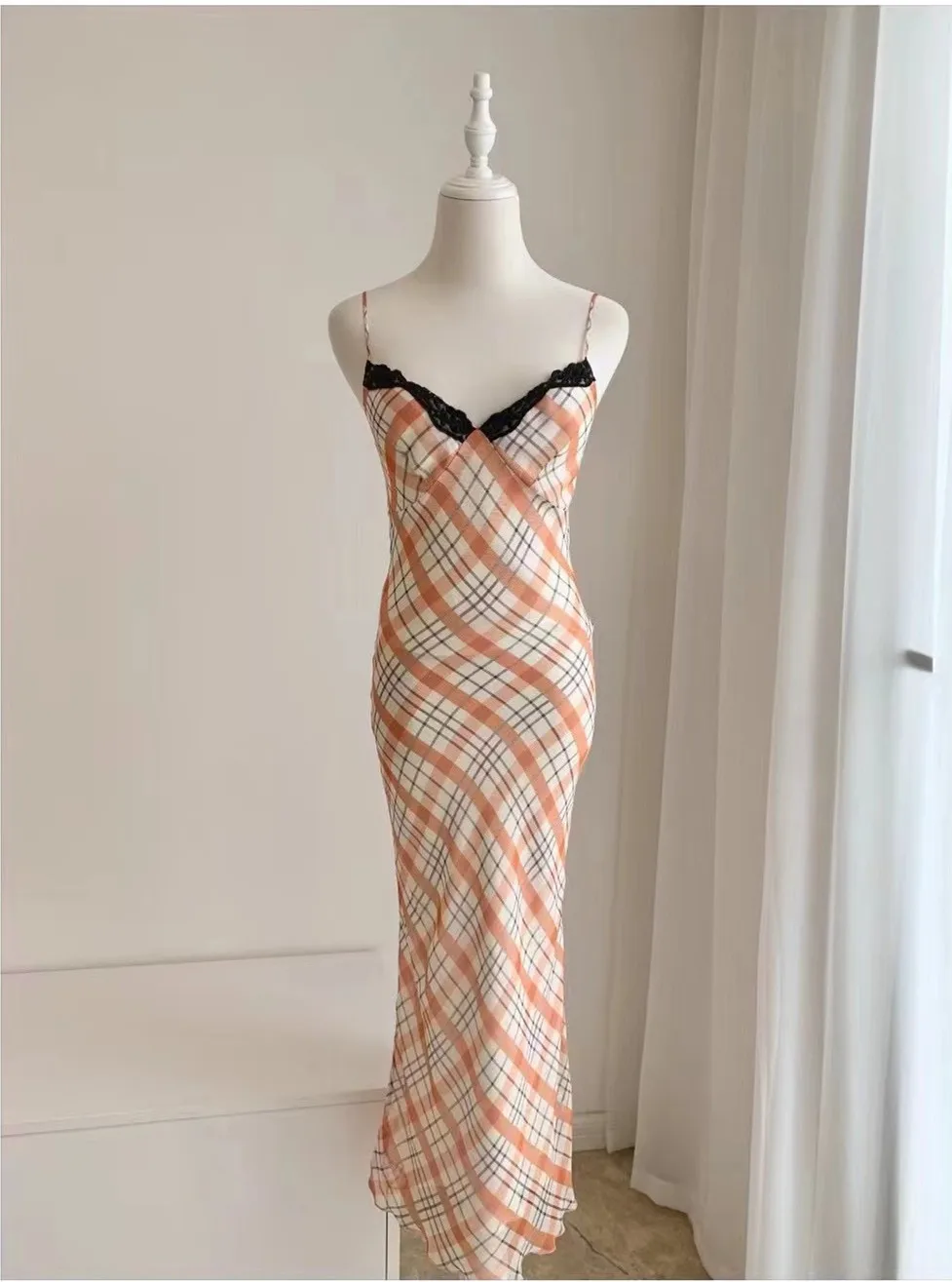 Women Plaid Printed Strapless Lace Trim 100% Silk Sling Slip Midi Dress