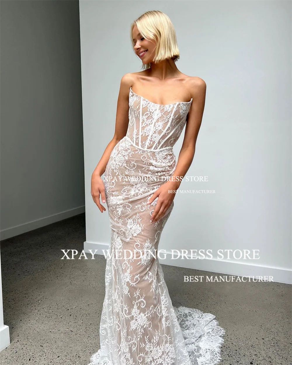 XPAY Elegant Strapless Mermaid Wedding Dresses Full Lace Sleeveless Champagne Bridal Gown Backless Bohemian Bridal Dress 2024