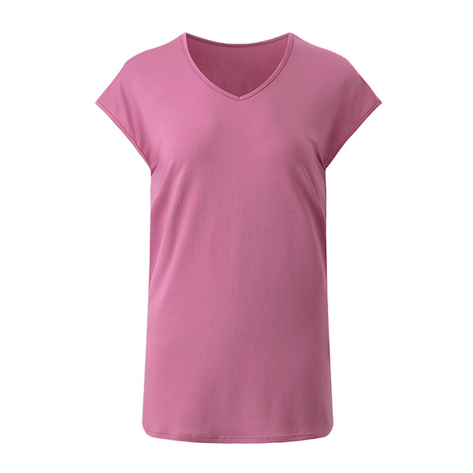 Immagine 5: Set di 4 magliette da donna a maniche corte con scollo a V in tinta unita, basic, sportive, da corsa, comode e versatili, casual e alla moda