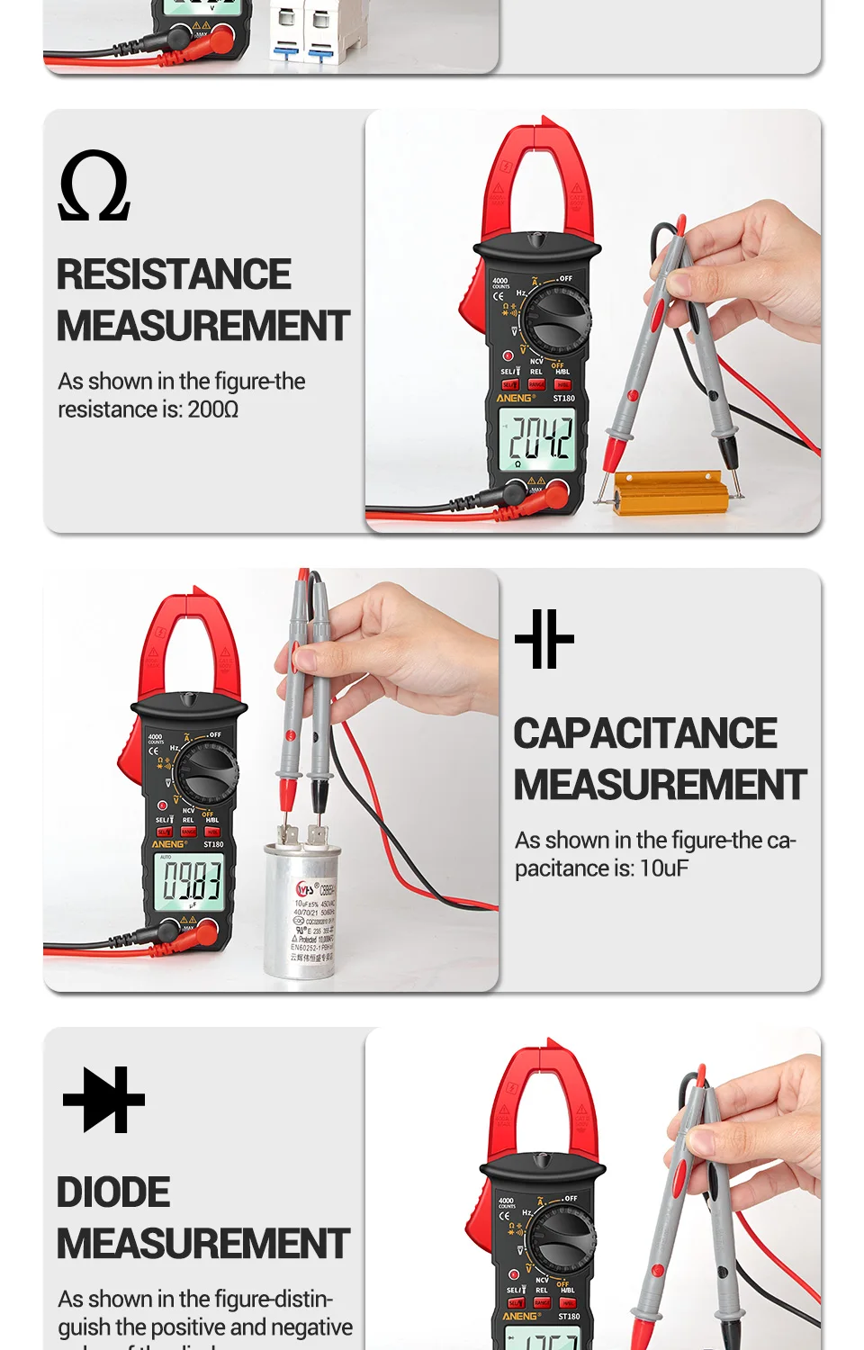 ANENG ST180 + B15 Zangenmessgerät, Tester, Stiftanzug, 4000 Zählungen, Multimeter, 30–1000 V, Spannungsdetektor, Messgerät, Diagnose-Haltepunkt-Finder – Detail 8