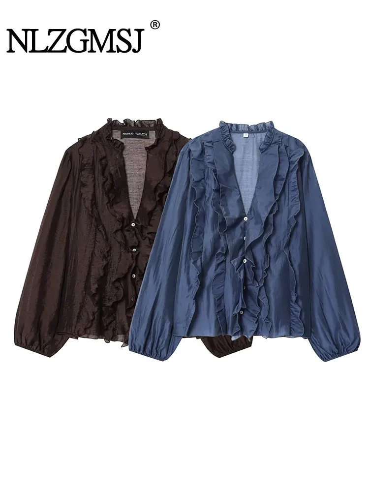

NLZGMSJ Повседневная шикарная женская блузка, однотонная блузка с v-образным вырезом и длинными рукавами на пуговицах, новые модные осенние офисные женские рубашки