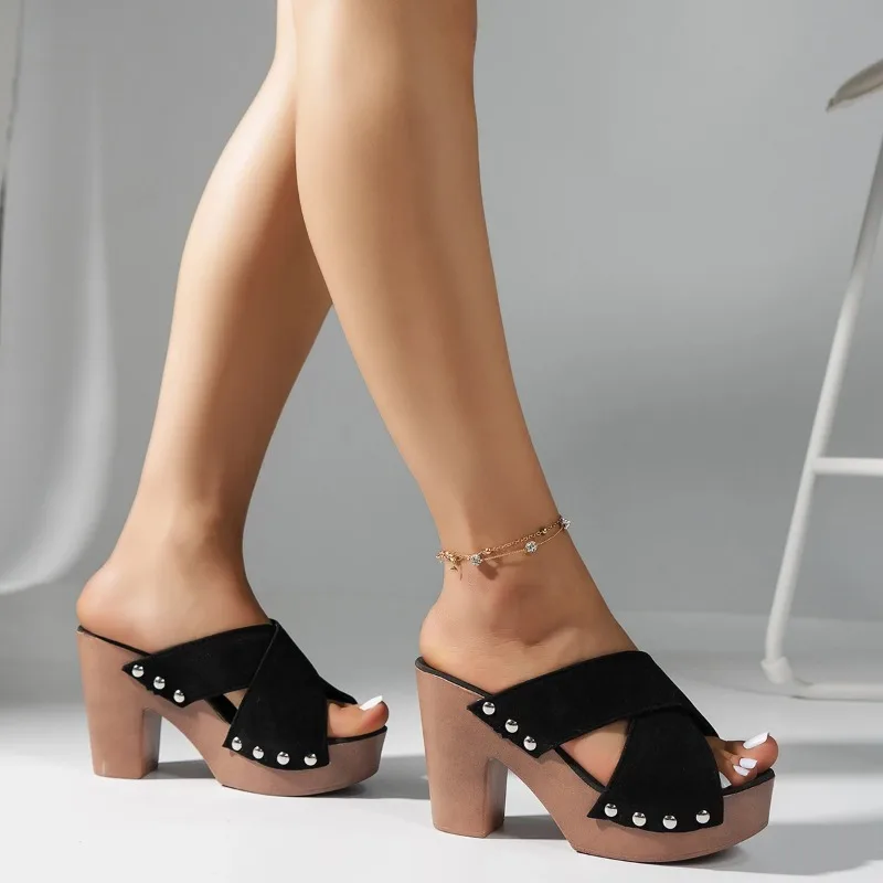 Women Sandals 2024 Summer Square Platform Sandals Flock Rivet Pumps Female Peep Toe Elegant High Heels Sandals Zapatos De Mujer