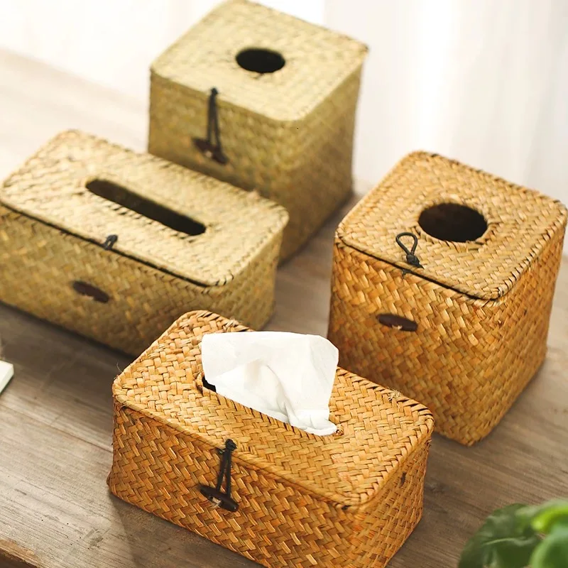 Funda cuadrada para caja de pañuelos hecha de algas marinas diseñada para sujetar servilletas, perfecta para decorar un baño o una cabaña