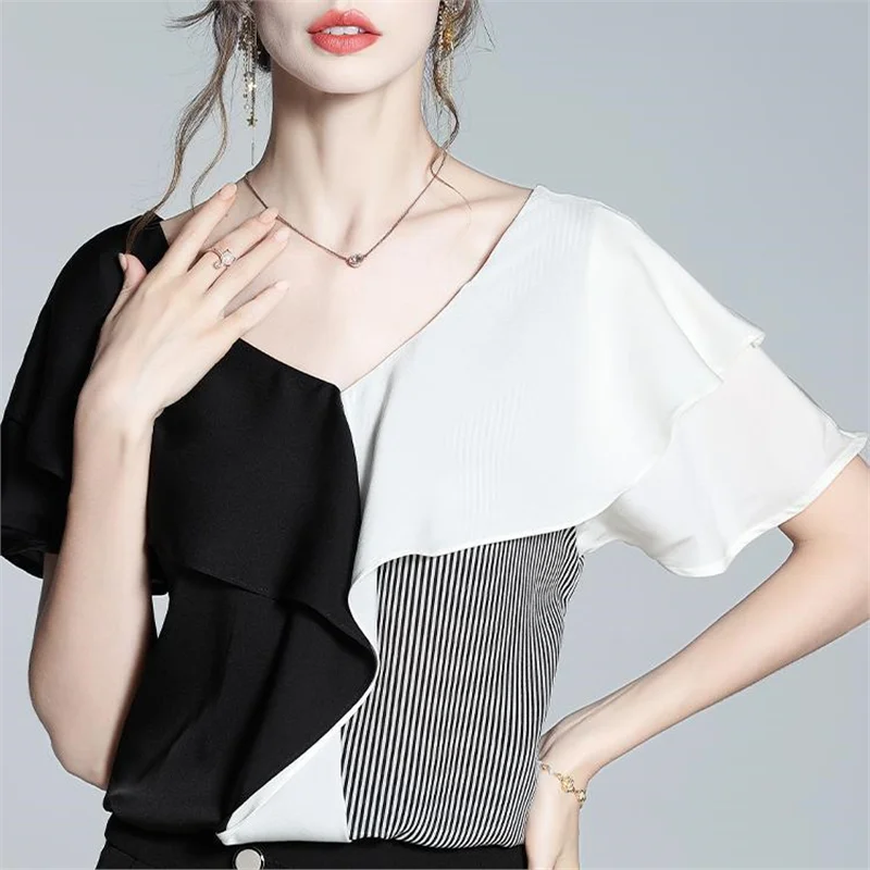 Nuovo Design Estivo Top in Chiffon da Donna con Orlo in Pizzo Colorato Anti-Invecchiamento Stile Francese con Scollo a V e Motivo a Righe