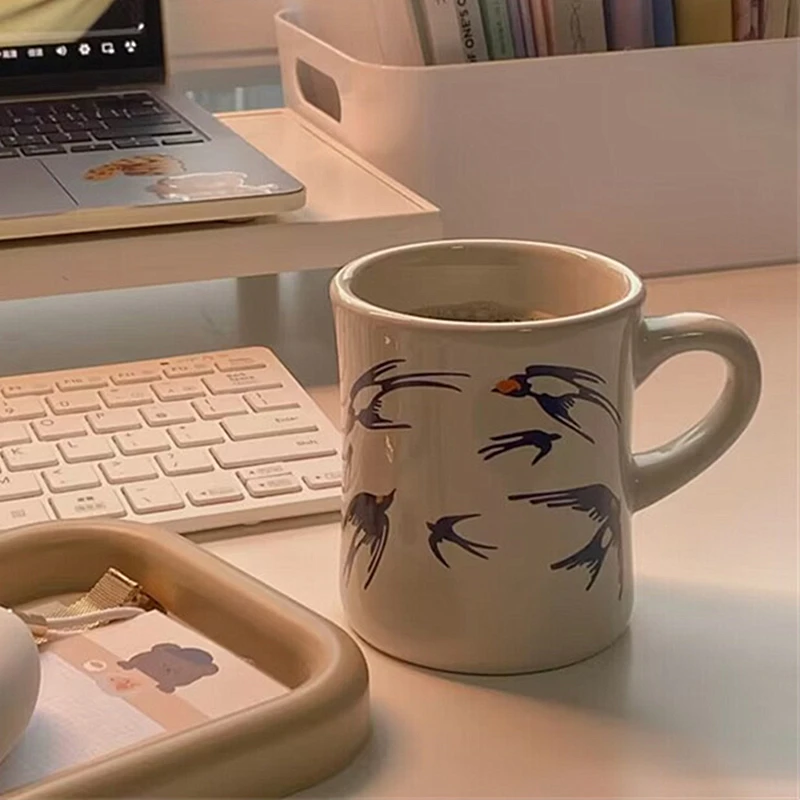 Flying Swallow Ceramic Coffee Cup Mug Teacup Cute Cat Plate Tableware with Animal Pattern Home Office Drinks Water MiLk Tea cup