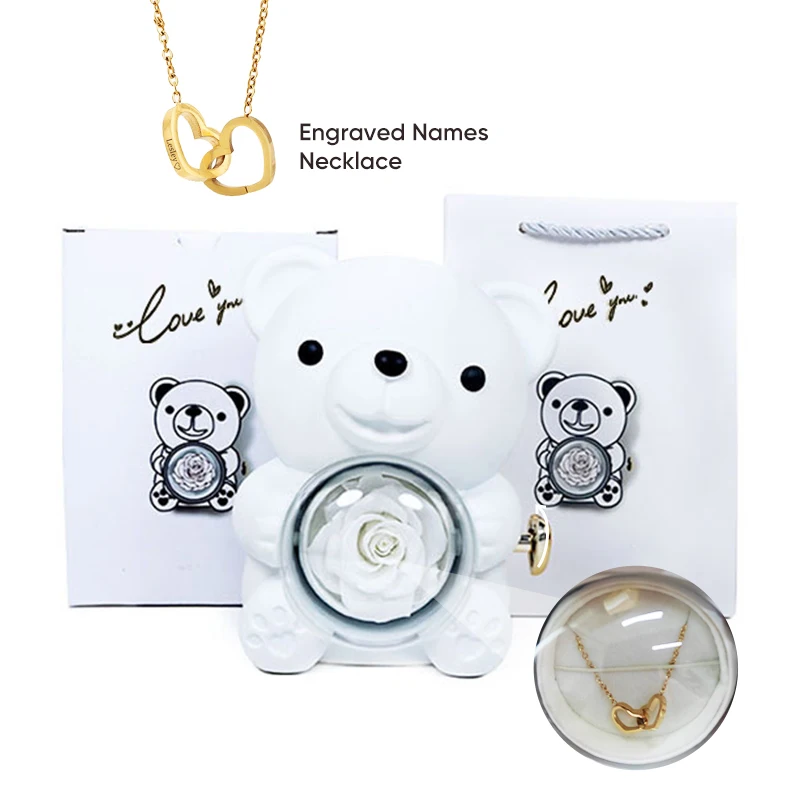 2024 Heart Engraved Name Necklace and Rotating Eternal Rose Flower Hug Bear Jewelry Box Lovely Bear  for Girl/Women