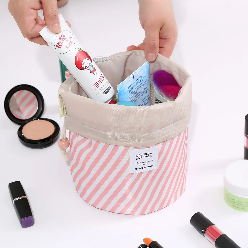 Cosmetic Bag Barrel Shaped Travel Makeup Bags Large Capacity Soft Waterproof Portable Drawstring Bucket Toiletry Bag