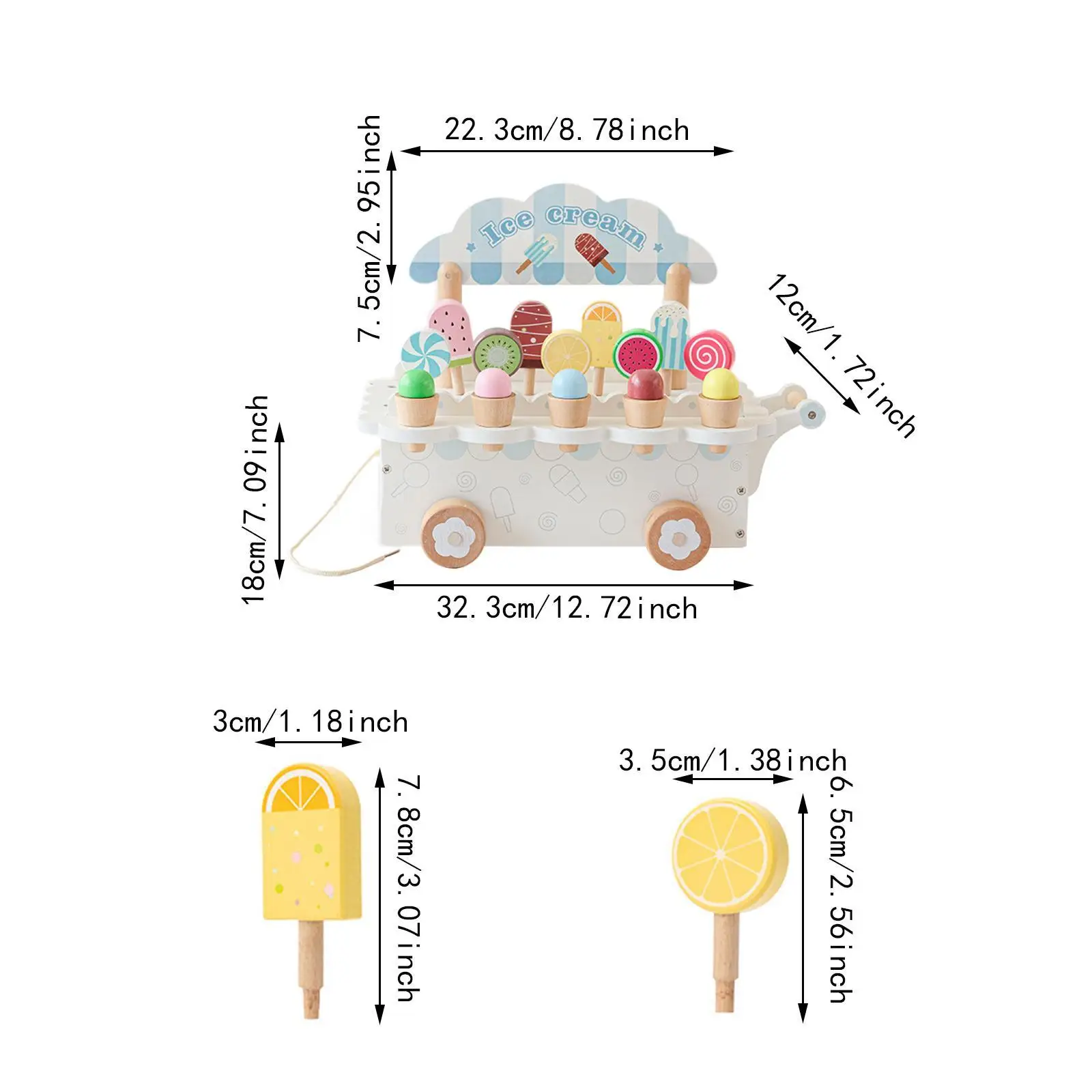 مجموعة ألعاب عربة الآيس كريم الخشبية ، لعبة طعام للأطفال ، الأولاد والبنات ، عمر 3-8 سنوات