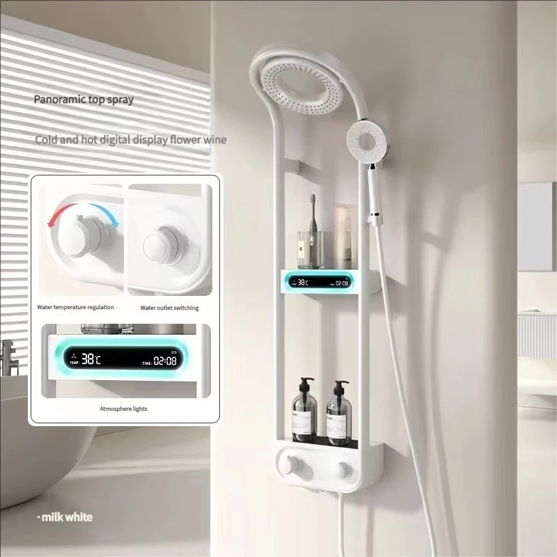 Ensemble de douche intelligent tout en cuivre, affichage numérique blanc, petit panier chromé poli, rehausseur de vent doux, Internet à température constante