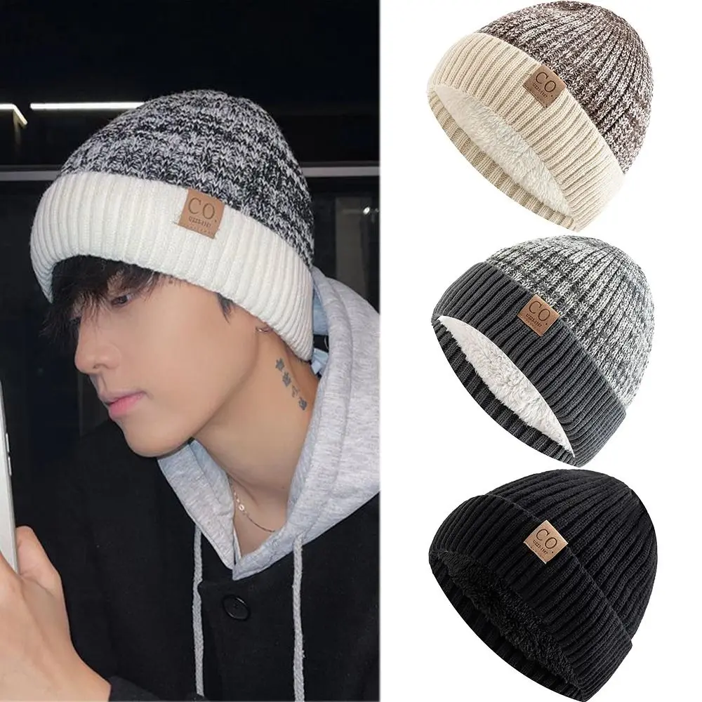 

Vintage Fleece Lined Men's Winter Hat Polyester Striped Knitted Cap Windproof Thicken Toque Hat Women Men