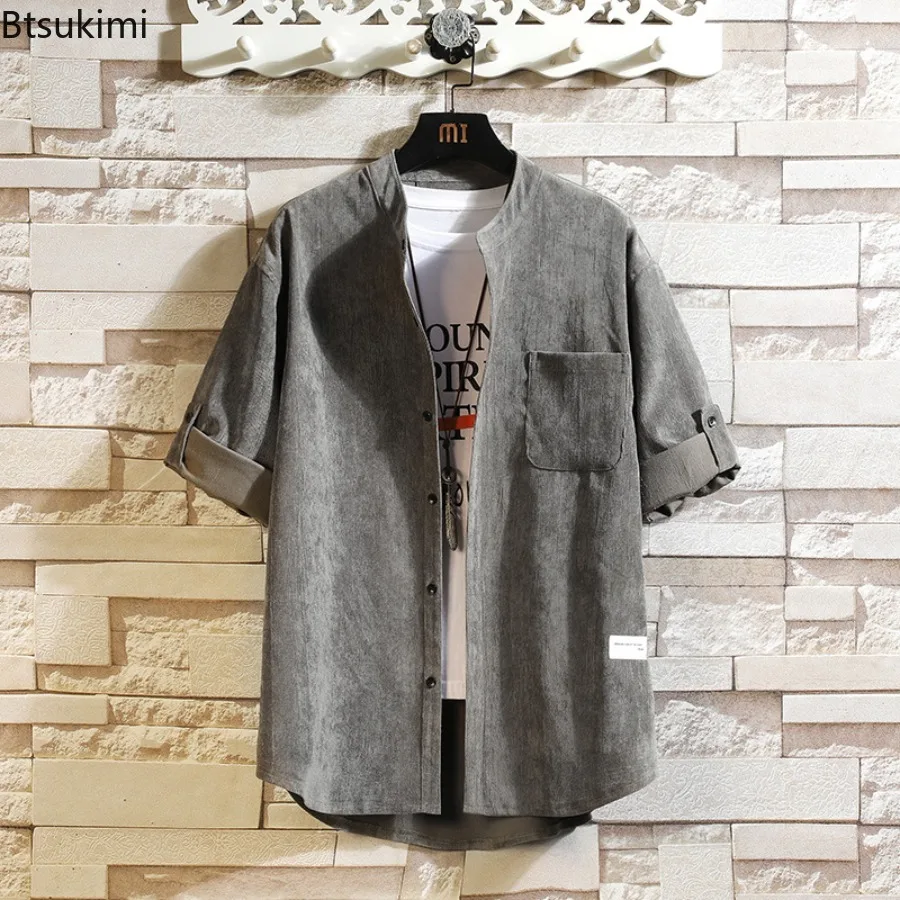 

New Men's Fashion Casual Loose Shirts Solid Pockets Button Simplicity Handsome Capable Stand Collar Summer Thin Men's Clothing