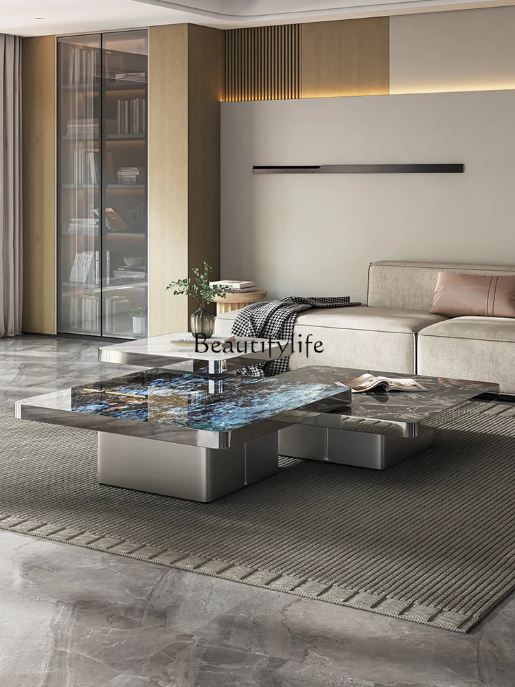 Marble Coffee Table Square Italian Style Light Luxury Microlite Tea Table Super Crystal Slate Minimalist Living Room