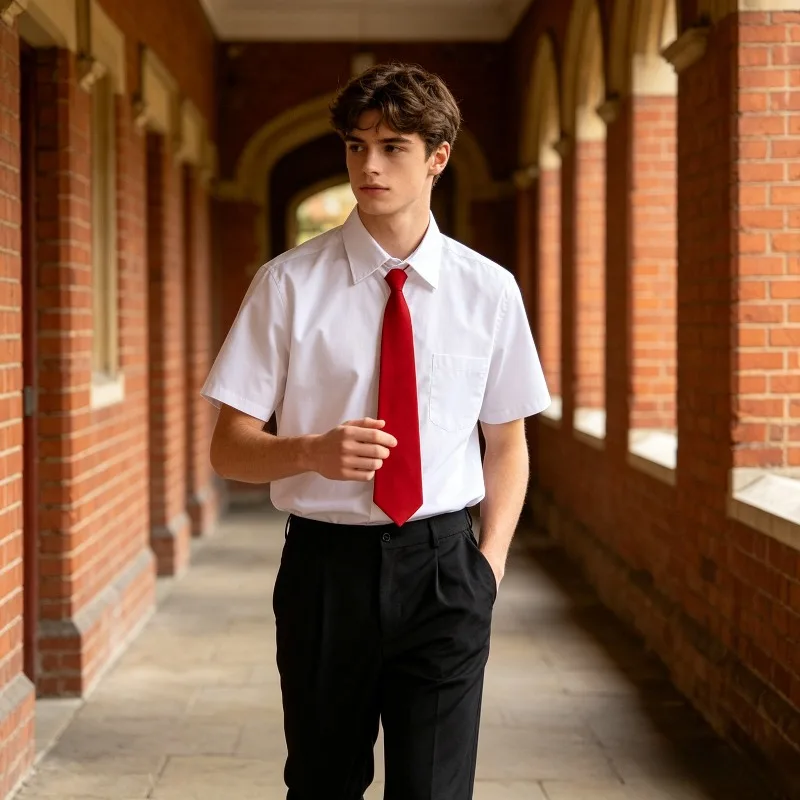 

Spring and Autumn Simple Classic College Style School Uniform Set Solid Color Collar Shirt Red Collar Junior High School