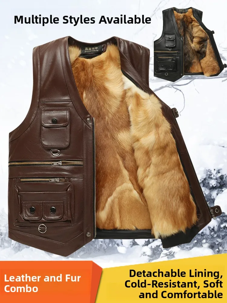 Genuine Leather Vest Men's Mid-Aged Autumn Winter Top Layer Cowhide Multi-Pocket Casual Father's Style Warmth Business Wind