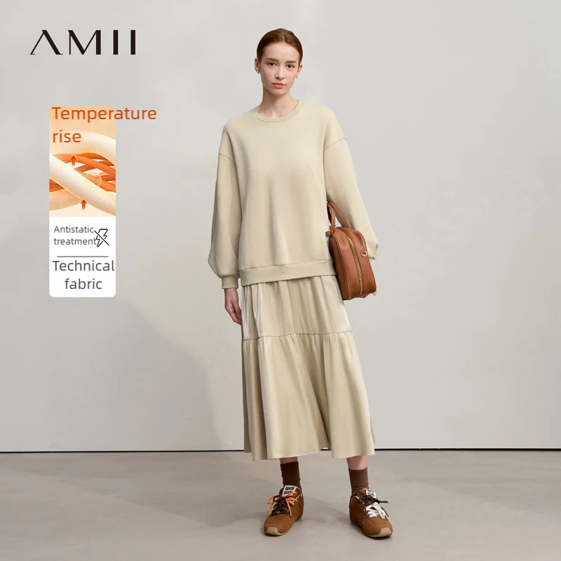 Amii Patchwork Women's Dress 2025 Winter New Casual Versatile Warm Sweater O-Neck Loose A Line Sweatershirt Dress Women 12544123