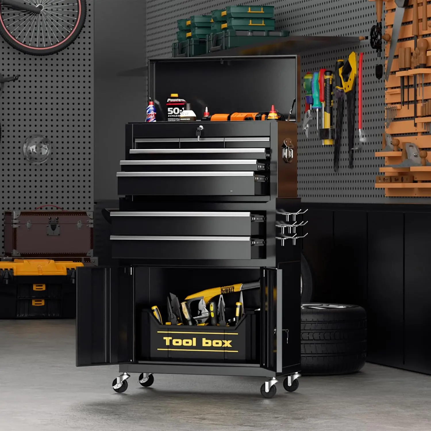 8-Drawer Rolling Tool Chest with Lock, Detachable Tool Cabinet Cart with Wheels, High-Capacity Mechanic Tool Storage for Garage