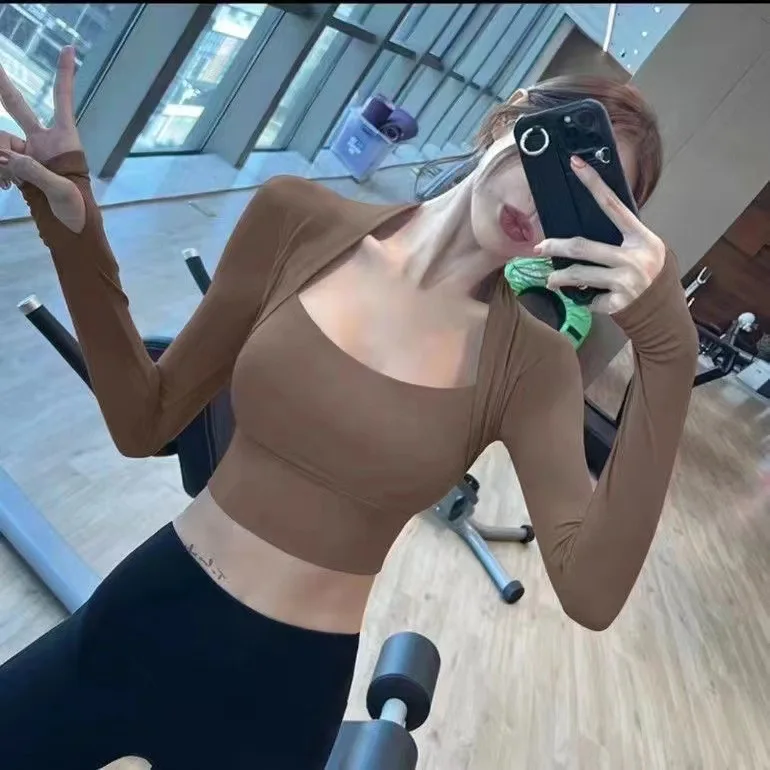 Women's Yoga With Bra Top Fake Two Thumbholes Stretch Slim Running Long Sleeves Sexy Breathable Fitness Push Up Shirt