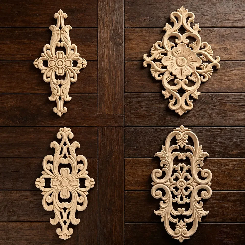 Onlay Wood Mouldings Wooden Applique Decal Carved Unpainted Modern Long Large Leaves Flower Rubber Wood Corner Furniture