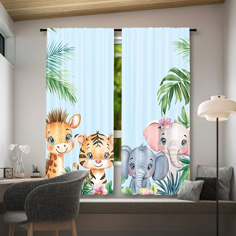 Cute Jungle Animal Blackout Rod Pocket Curtain Watercolor Giraffe Tiger Elephant Palm Leaf Print Kids Living Bedroom Window