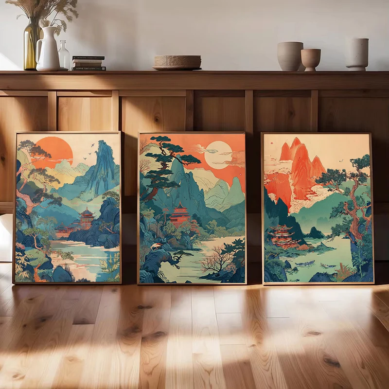 Japanese Sun Crane Mountain River Temple Pine Tree Landscape Canvas Painting Linework Art Poster Print Living Room Home Decor