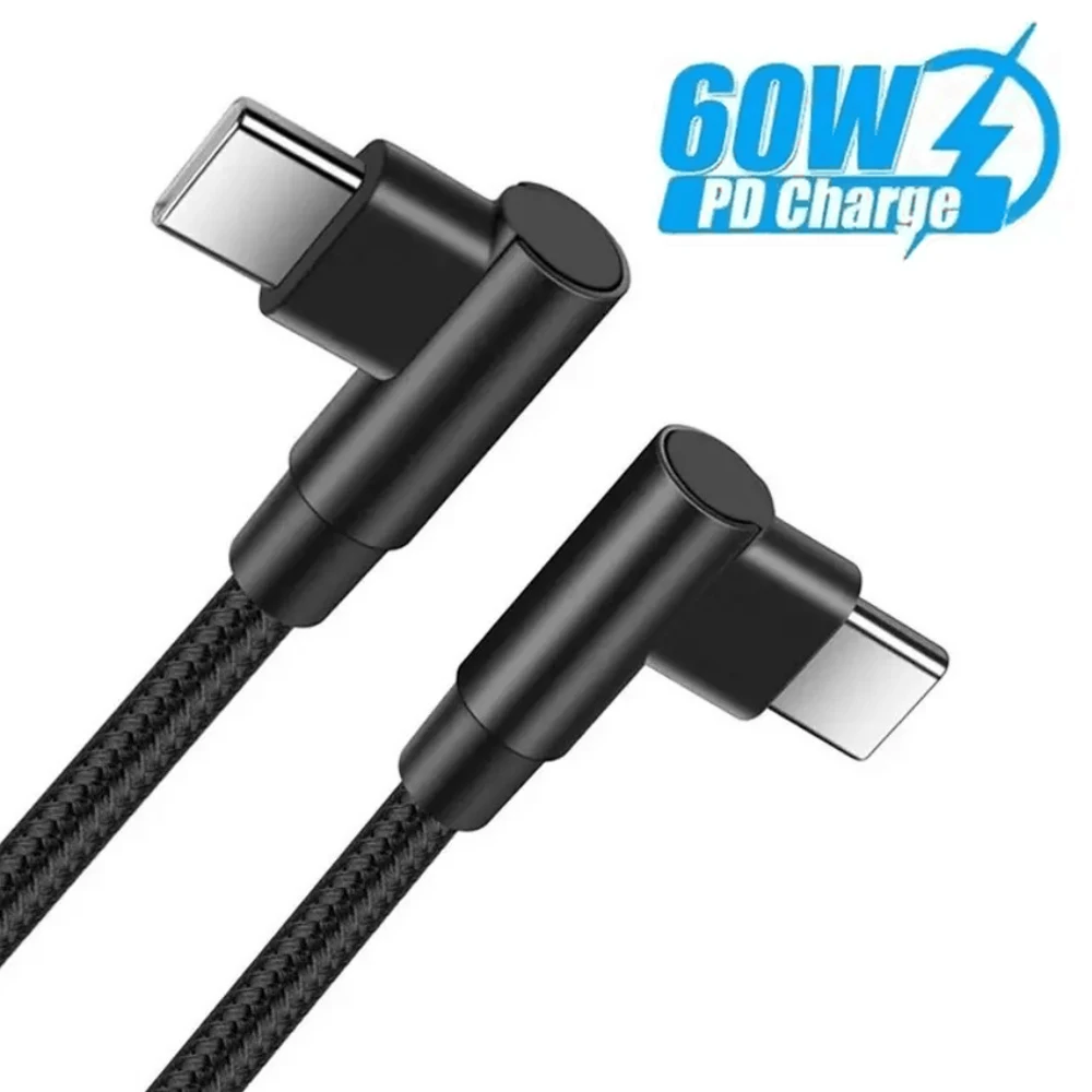 Cabo USB Tipo C para Tipo C PD 60W com Conector em Ângulo de 90 Graus, Carregador Rápido para Telefone, Cabo USB C para USB C com Carregamento Rápido 0.3m/2m/1m