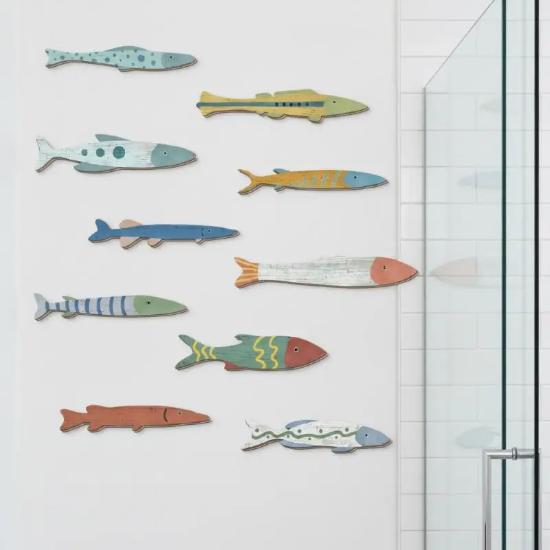 Handmade Wooden Ocean Fish Wall Decor Set Coastal Nautical Style Decor for Home Bathroom Kids Nautical Themed Room