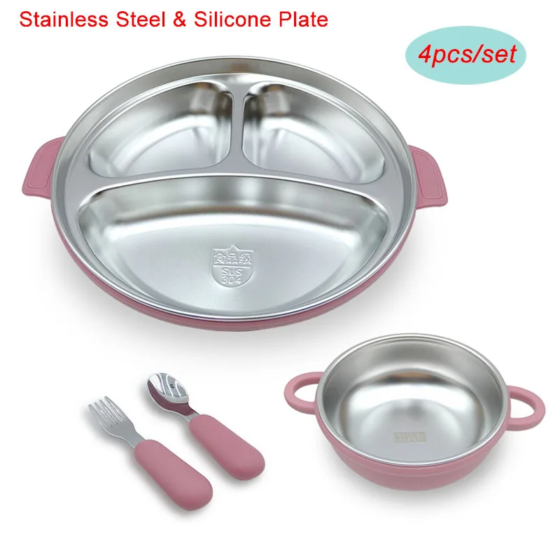 Baby Feeding Set Stainless Steel Plate Bowl Spoon Silicone Suction Cup Silicone Tableware For Kids Silicone Children Tableware
