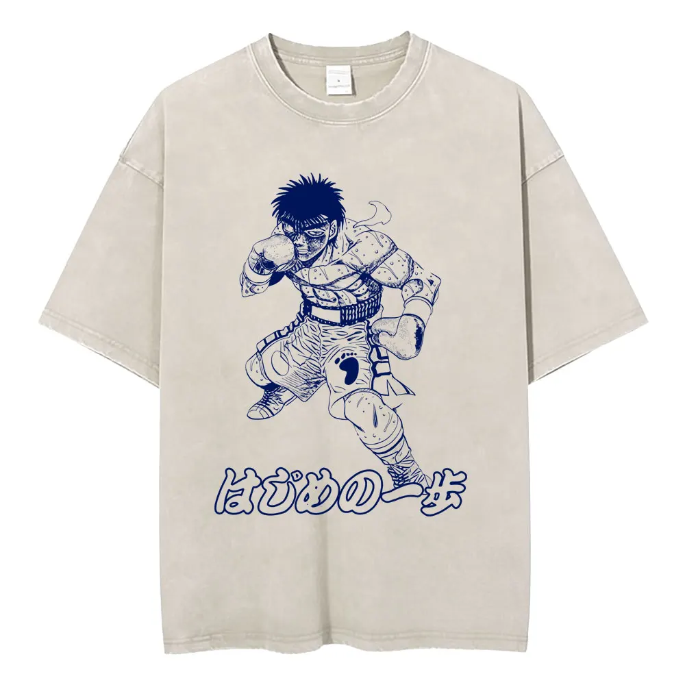 Hot Anime Hajime No Ippo Kamogawa Boxing Gym Vintage Washed T-shirt Makunouchi Takamura KGB T Shirts Men Cartoon Manga T-shirts