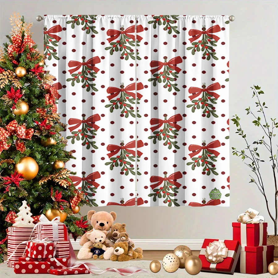2PCS Christmas Winter Curtains, Bow Pine Branch Berry Polka Dot Red White Retro, Digital Print, Bedroom Living Room, Home Decor
