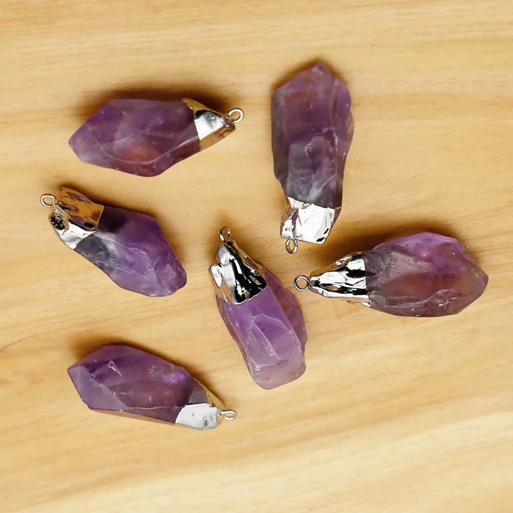 Natural Amethyst Silver Plated Pendant Irregular Raw Stone Necklace Earrings Jewelry Accessories Wholesale7Pcs/Lot Free Shipping