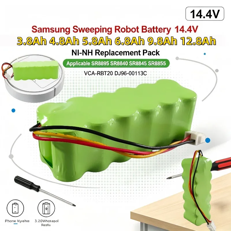 Rechargeable Ni‑MH 14.4V Vacuum Robot Battery 3.8‑12.8Ah Compatible Samsung SR8895 SR8840 SR8845 SR8855 VCA‑RBT20 DJ96‑00113C