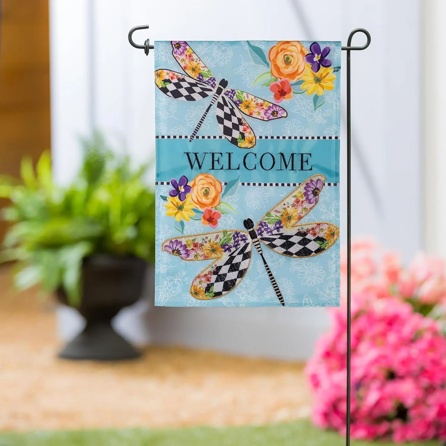 Courtly Check Dragonfly Applique Garden Flag DDI GGX