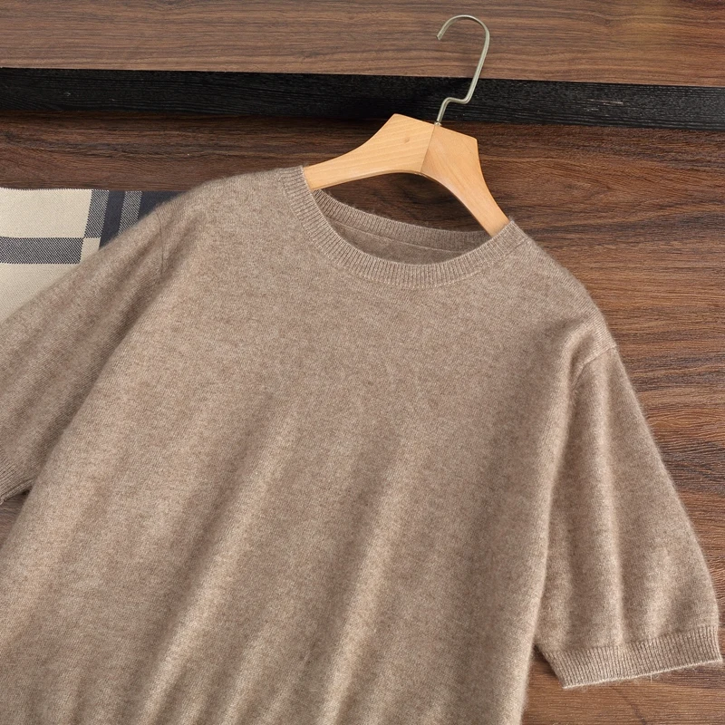 Camiseta para hombre Primavera/Novedad de verano 100% cachemir de manga corta para hombre jersey de punto con cuello redondo chaleco ropa informal de negocios para hombre