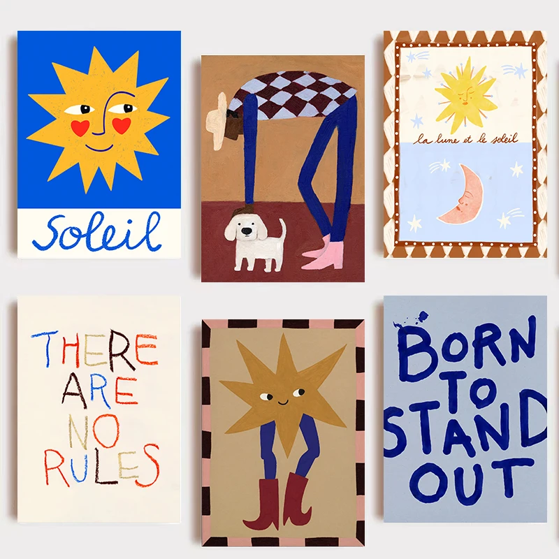 Image of Lustige Cartoon-Sonne-Mond-Poster, Drucke, abstrakte Wandkunst, Leinwandgemälde, Kinderzimmer-Cartoon-Bild für Kinder, Mädchen, Jungen, Raumdekoration