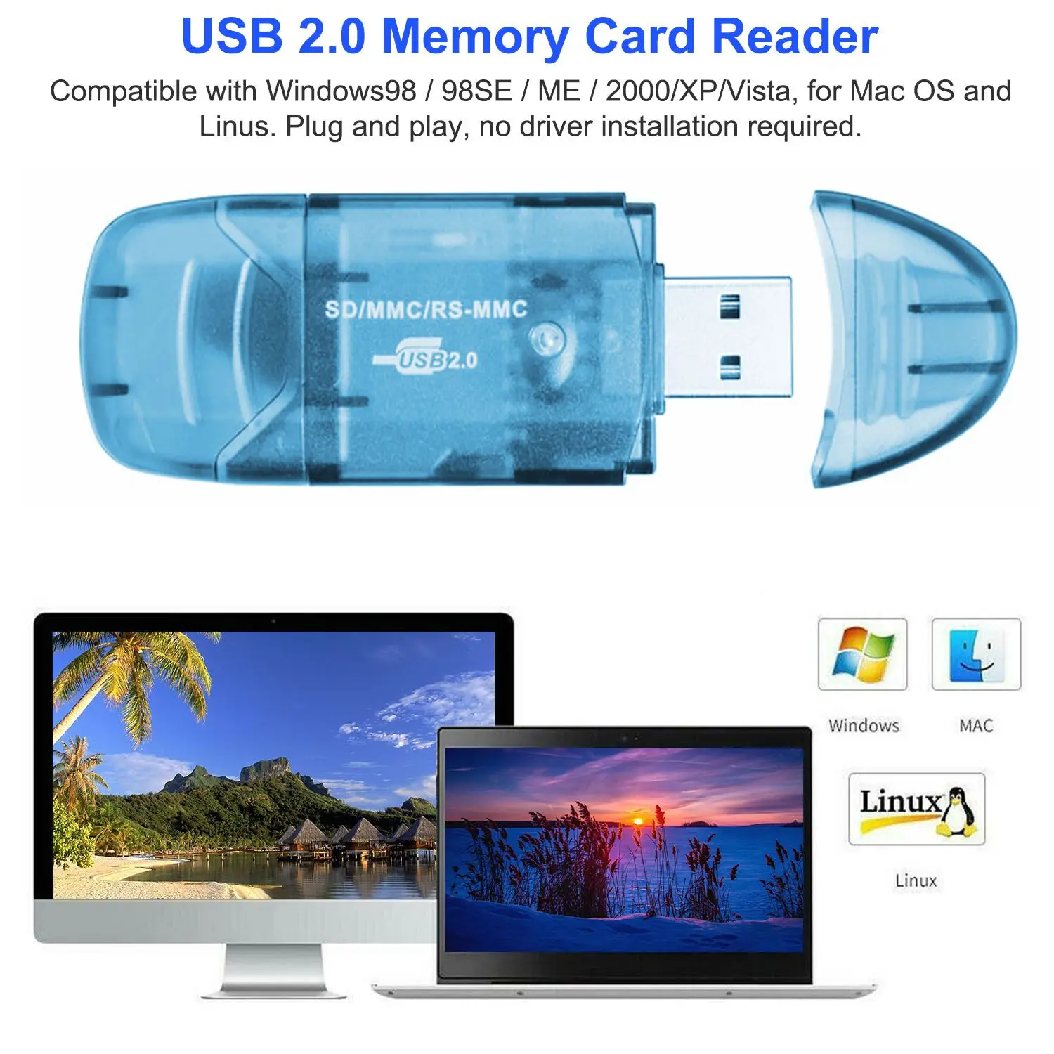 User-friendly USB 2.0 Memory Card Reader for SD/MMC/RS-MMC, High-Speed, Plug & Play, Compatible with Windows/Mac/Linux, Compact