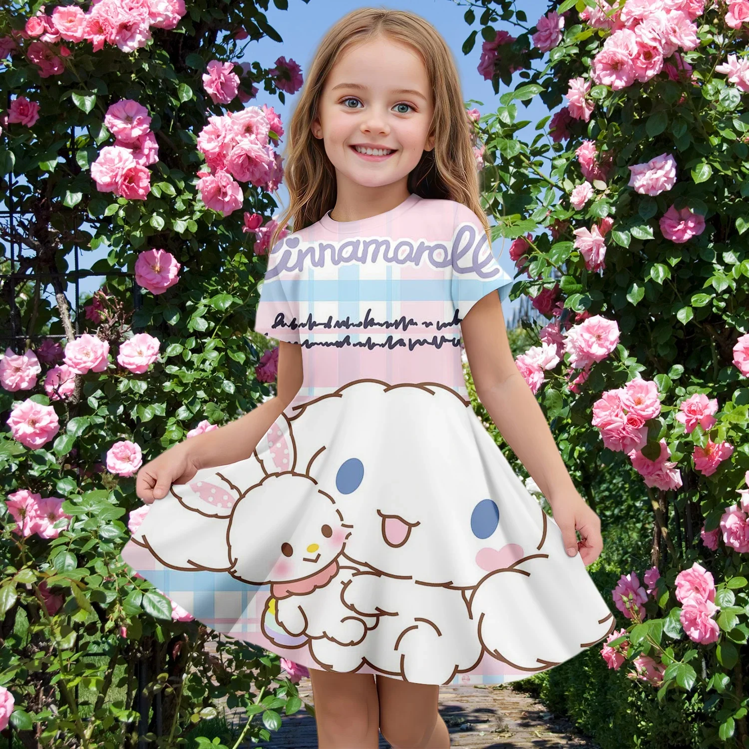 

MINISO New Summer Girls Dress Fashion Cartoon Cute Cinnamoroll Hello Kitty 3D Printing Dress Kid Short Sleeve Princess Clothing
