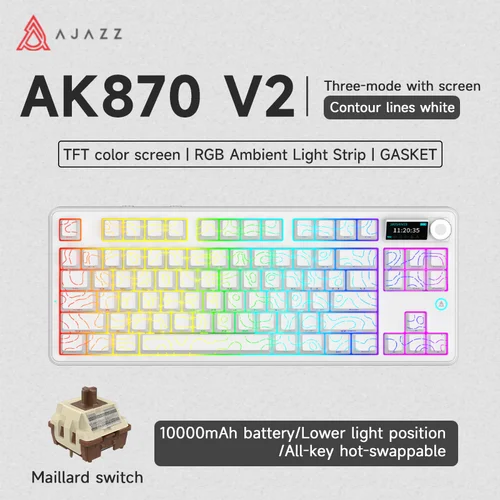 Ajazz Ak870 V2 Esports Gaming inalámbrico Bluetooth Teclado mecánico de tres modos pantalla Tft a Color tecla completa teclado intercambiable en caliente