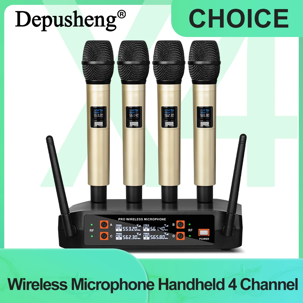 Wireless Microphone Handheld 4 Channel UHF Fixed Frequency Dynamic Microphone For Karaoke Wedding Party Band Church Performance