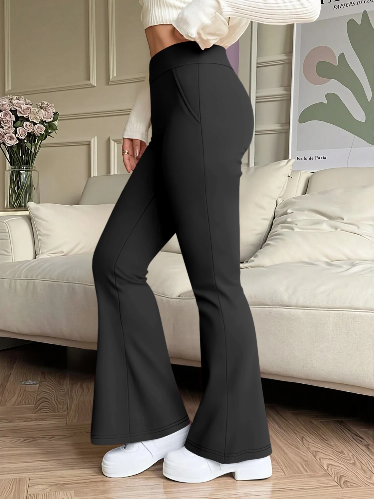 Solid Color Women Bell Bottom Yoga Pants High Waist Side Pockets Soft Stretch Gym Yoga Jogging Casual Trousers