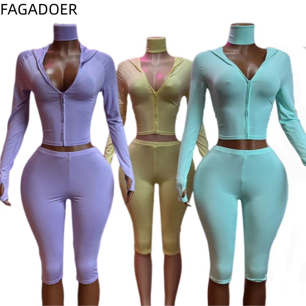 FAGADOER Casual Sporty 3 Piece Sets Fashion Solid Hooded Zip Up Long Sleeve Crop Top Capri Pants Headbands Matching Tracksuits view 5